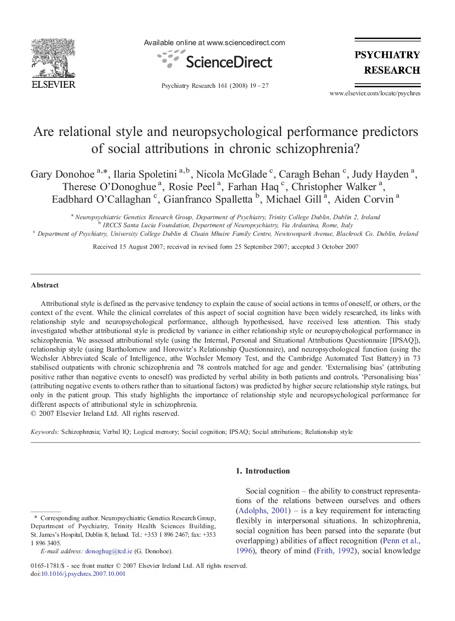 Are relational style and neuropsychological performance predictors of social attributions in chronic schizophrenia?