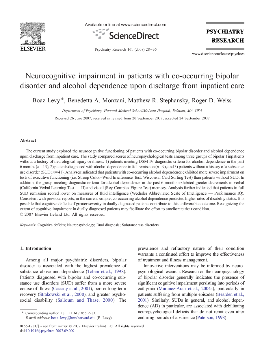 Neurocognitive impairment in patients with co-occurring bipolar disorder and alcohol dependence upon discharge from inpatient care