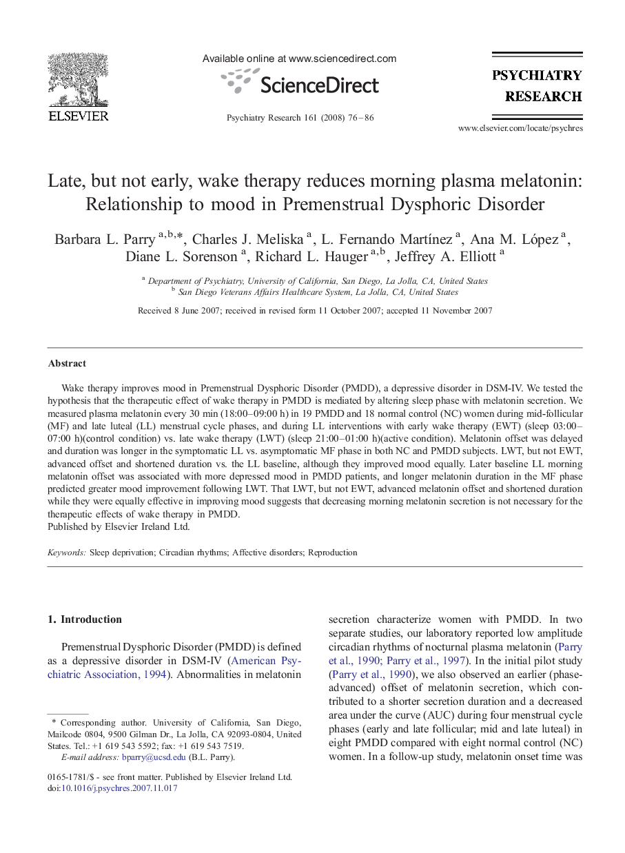 Late, but not early, wake therapy reduces morning plasma melatonin: Relationship to mood in Premenstrual Dysphoric Disorder