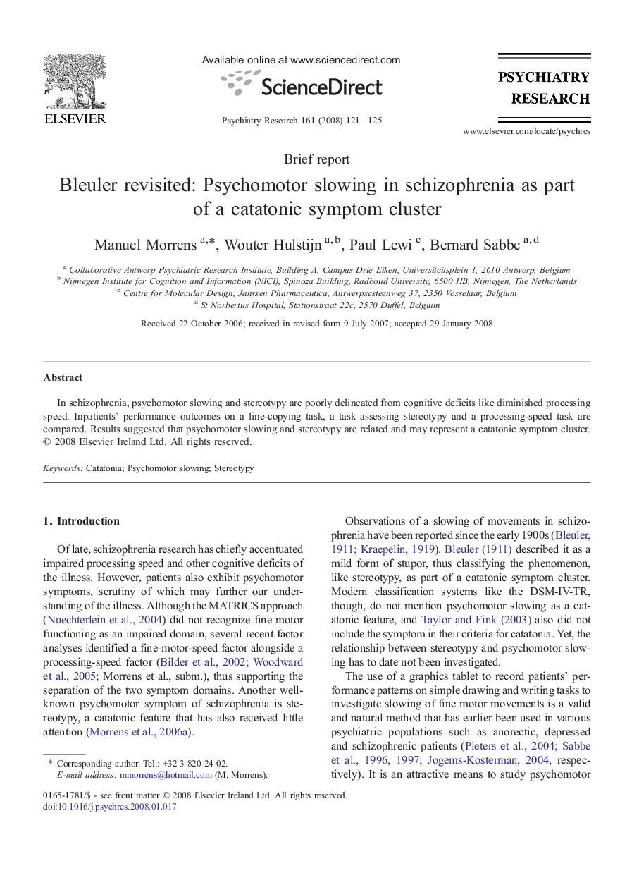 Bleuler revisited: Psychomotor slowing in schizophrenia as part of a catatonic symptom cluster