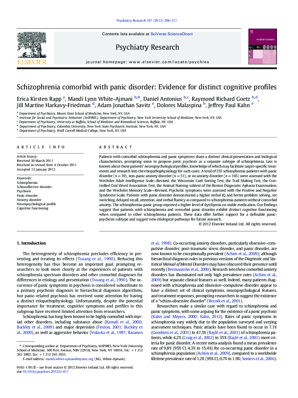 Schizophrenia comorbid with panic disorder: Evidence for distinct cognitive profiles