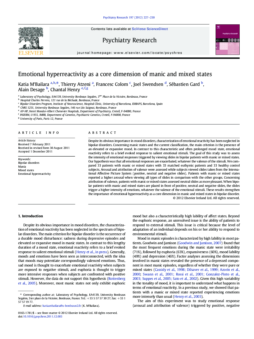 Emotional hyperreactivity as a core dimension of manic and mixed states