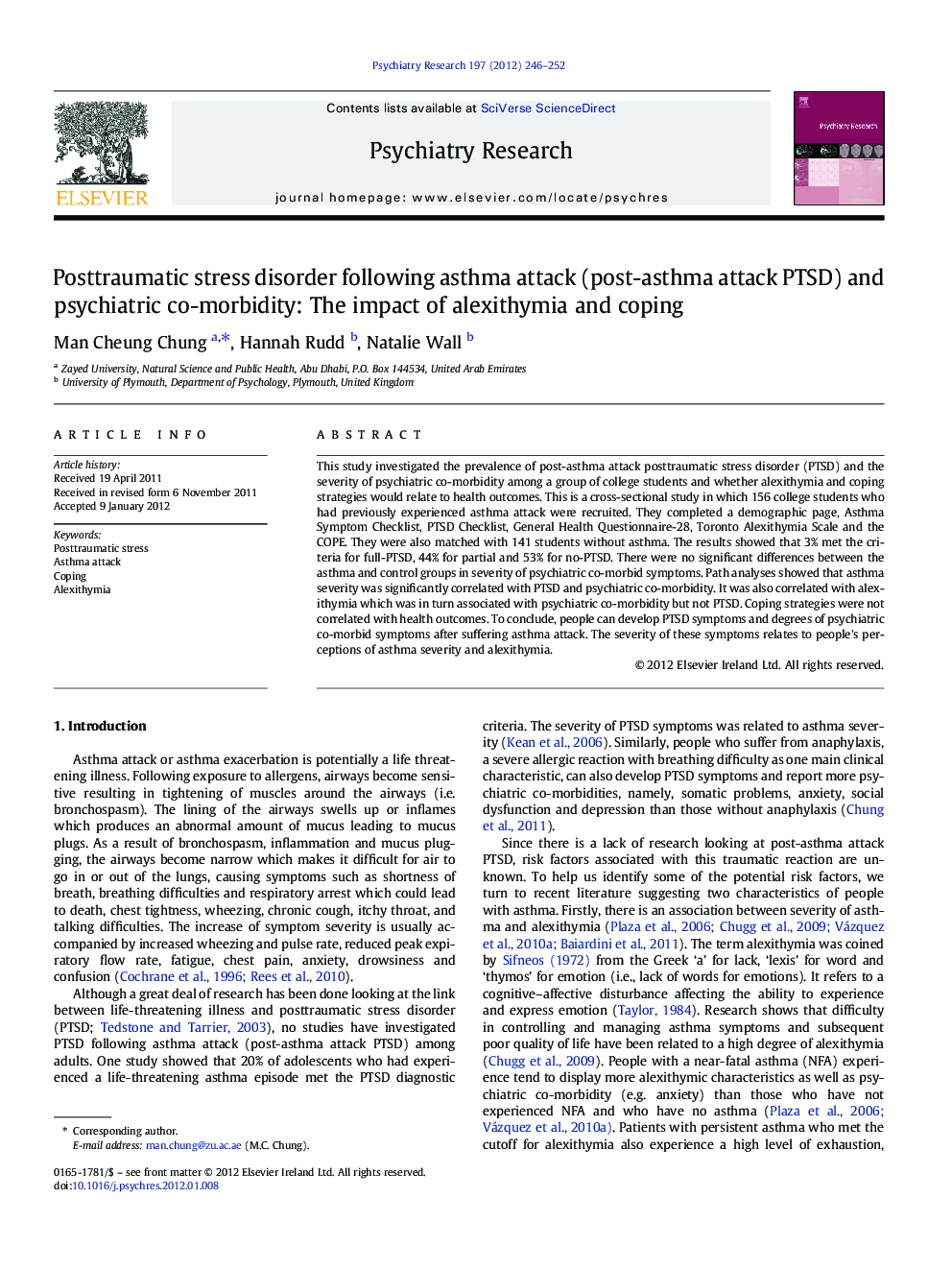 Posttraumatic stress disorder following asthma attack (post-asthma attack PTSD) and psychiatric co-morbidity: The impact of alexithymia and coping