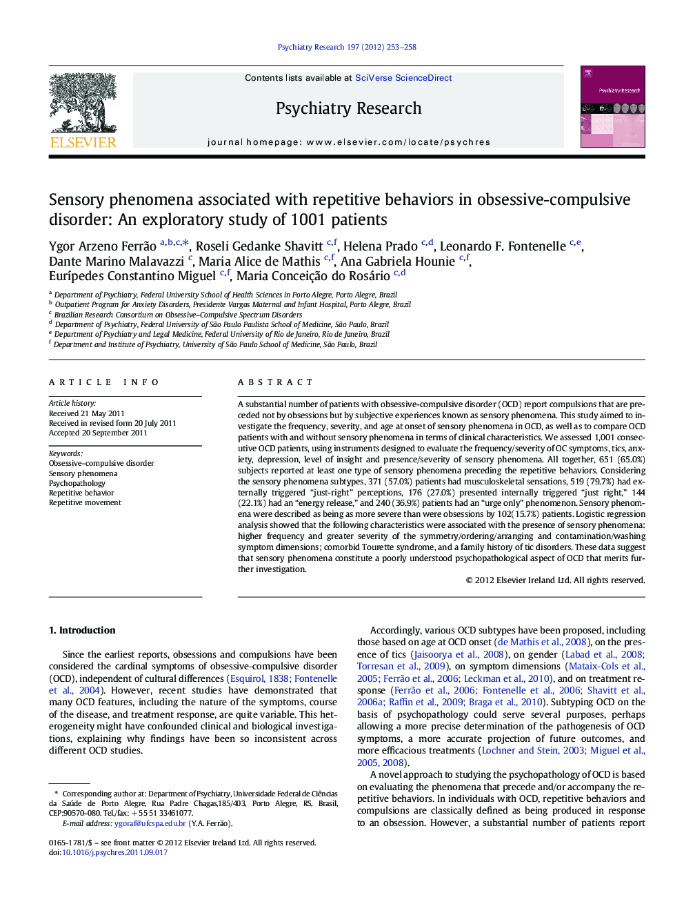 Sensory phenomena associated with repetitive behaviors in obsessive-compulsive disorder: An exploratory study of 1001 patients