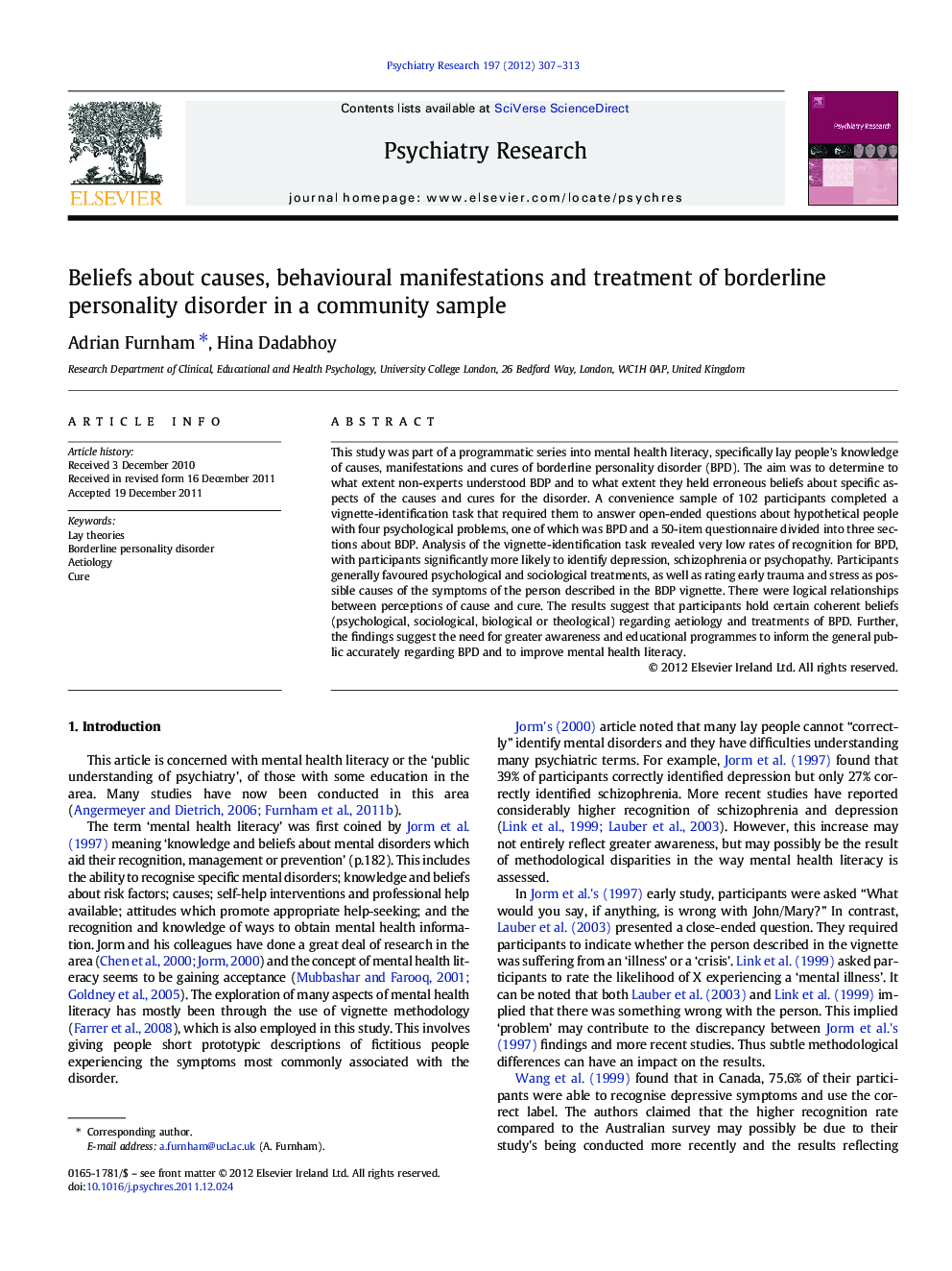 Beliefs about causes, behavioural manifestations and treatment of borderline personality disorder in a community sample