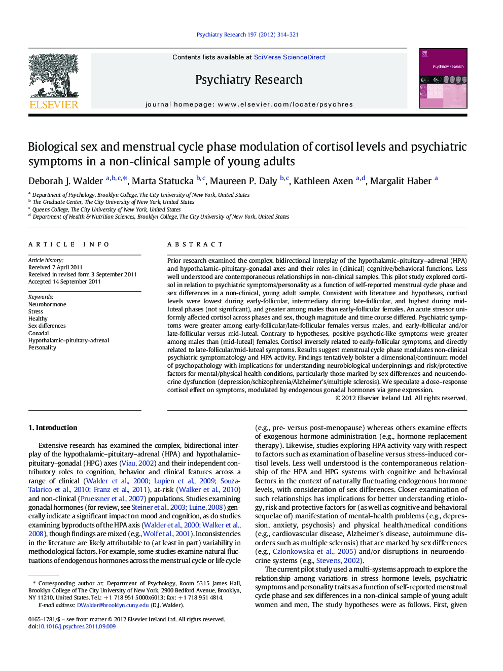 Biological sex and menstrual cycle phase modulation of cortisol levels and psychiatric symptoms in a non-clinical sample of young adults