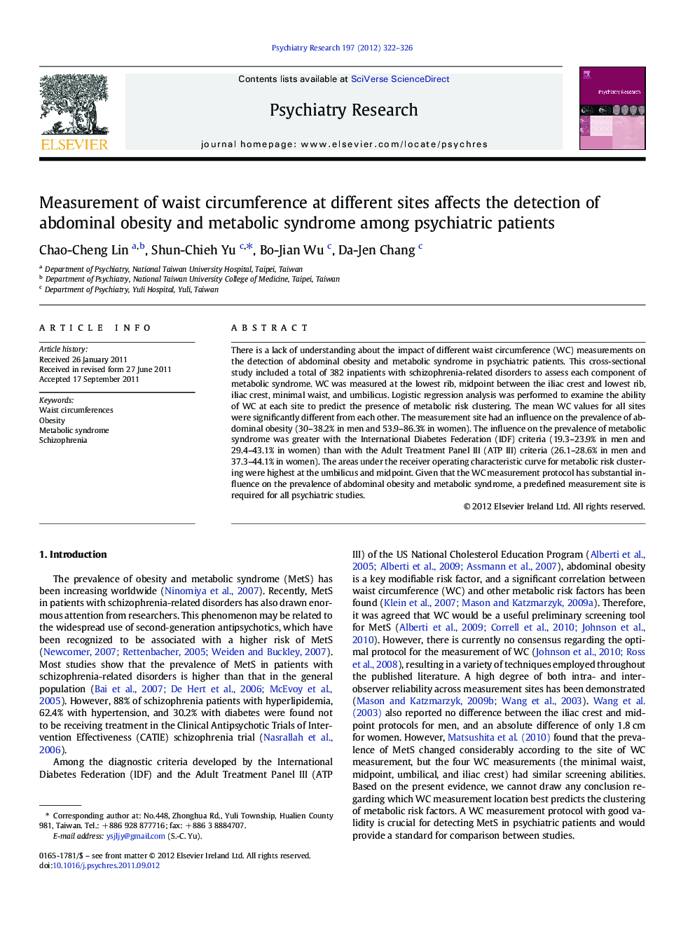 Measurement of waist circumference at different sites affects the detection of abdominal obesity and metabolic syndrome among psychiatric patients