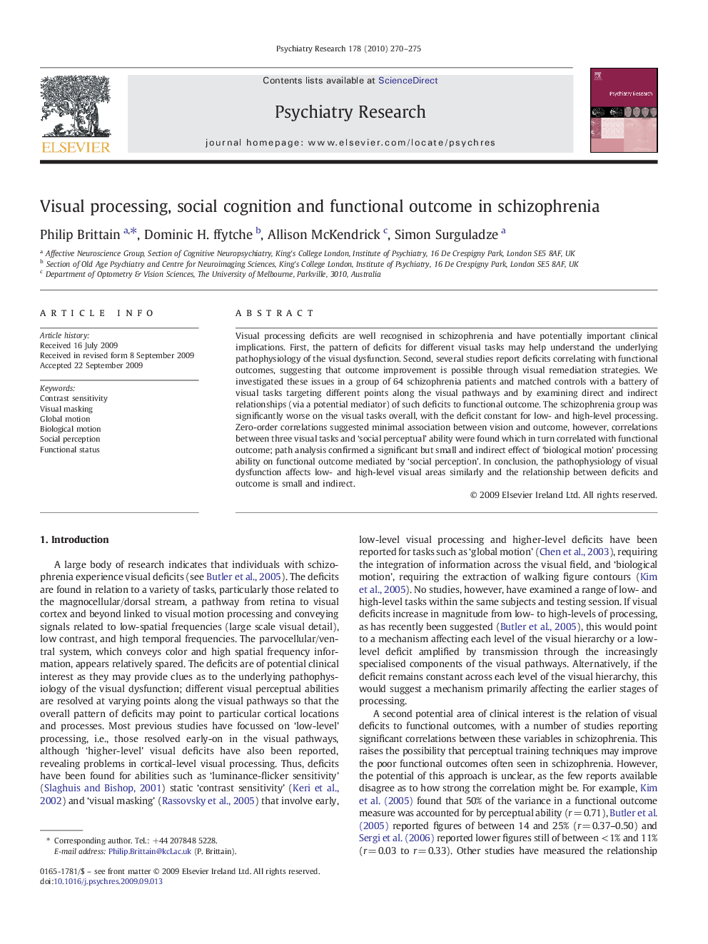 Visual processing, social cognition and functional outcome in schizophrenia