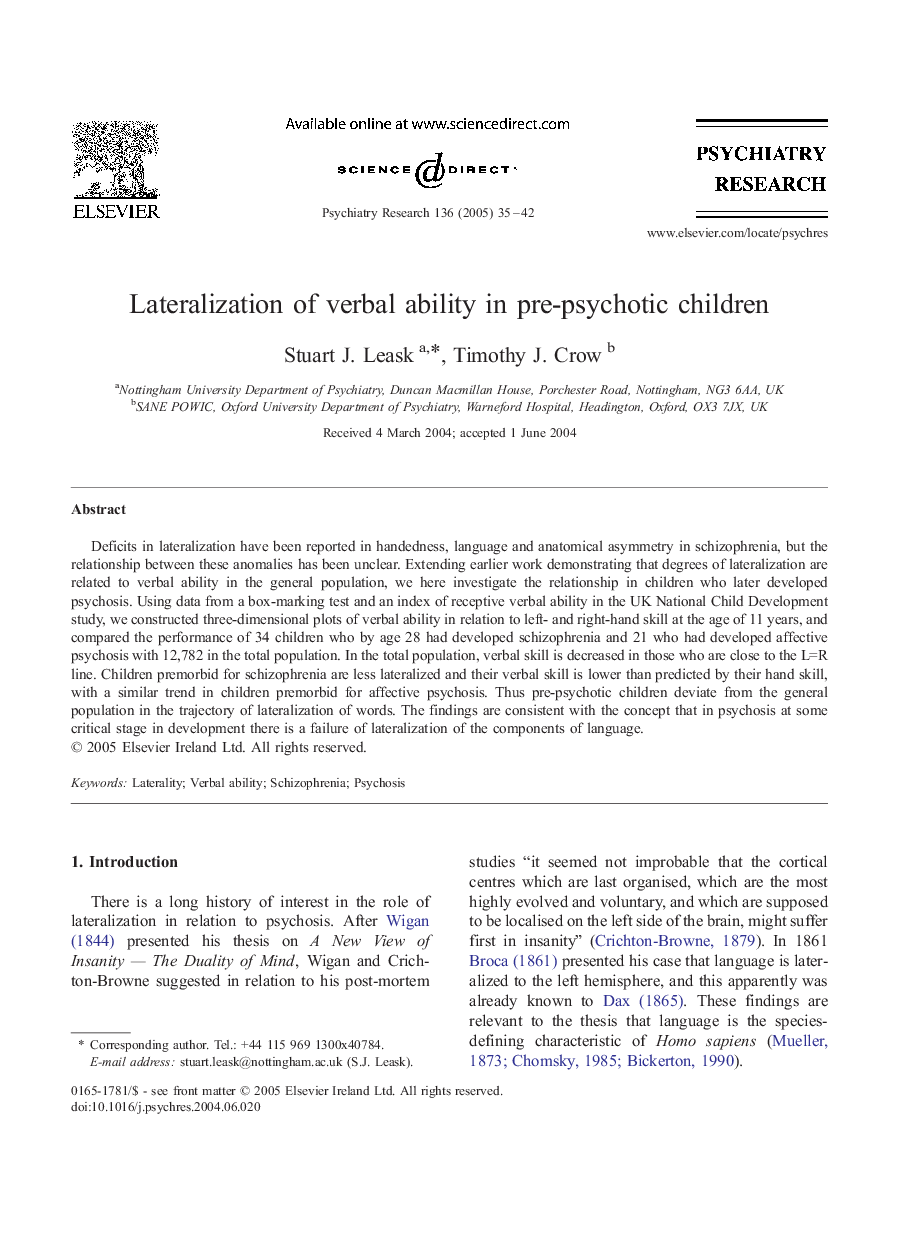 Lateralization of verbal ability in pre-psychotic children