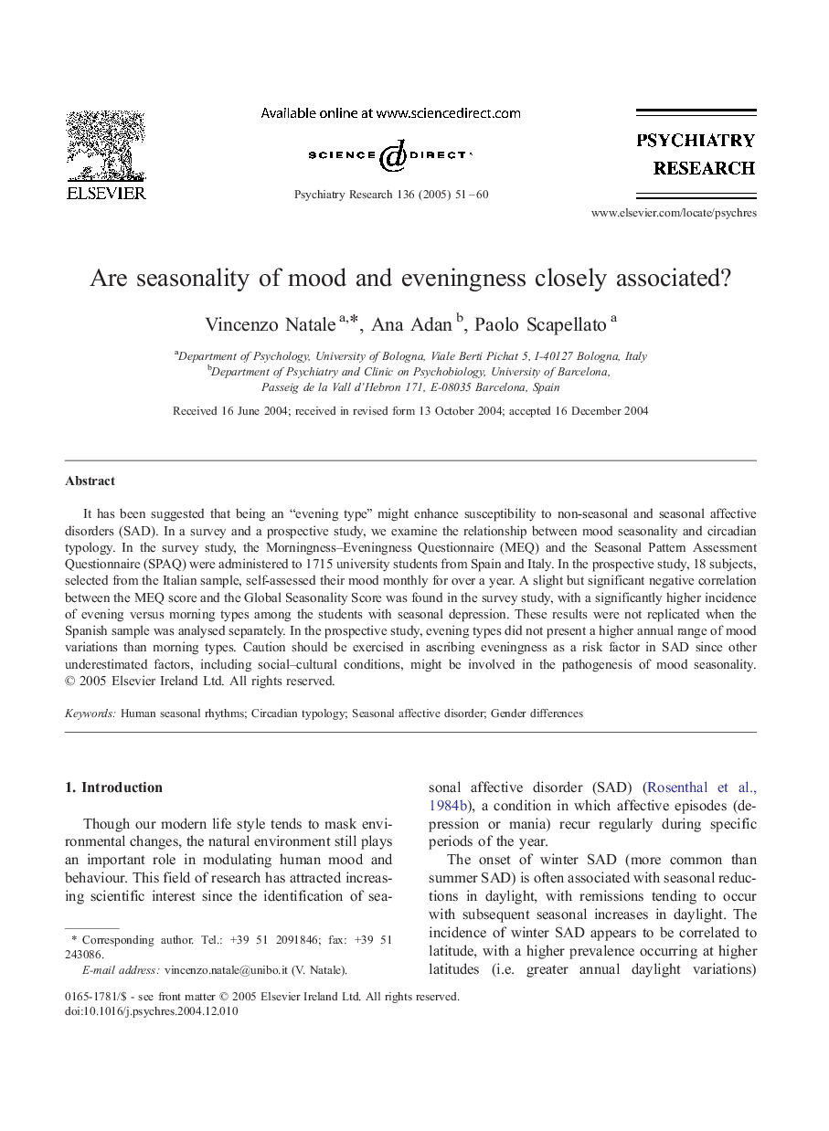 Are seasonality of mood and eveningness closely associated?