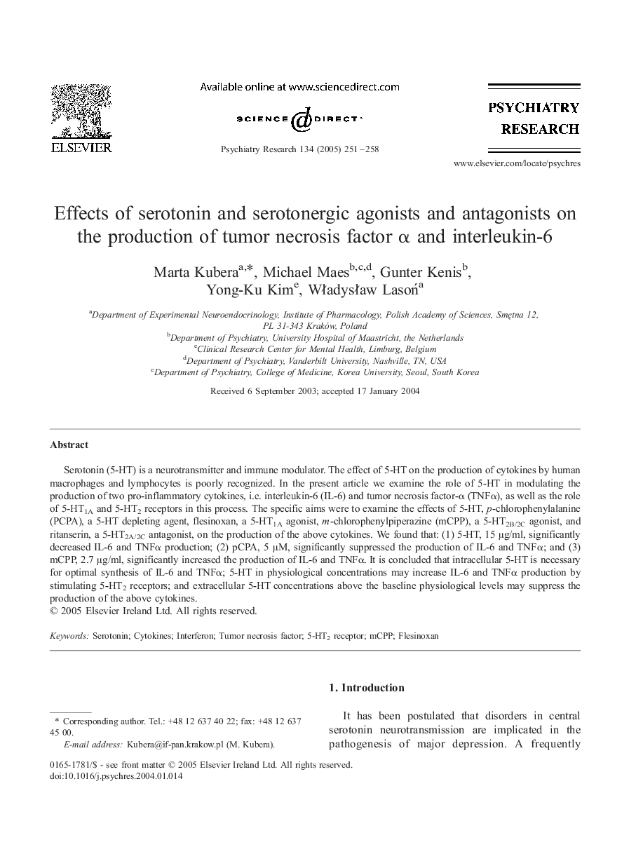 Effects of serotonin and serotonergic agonists and antagonists on the production of tumor necrosis factor Î± and interleukin-6