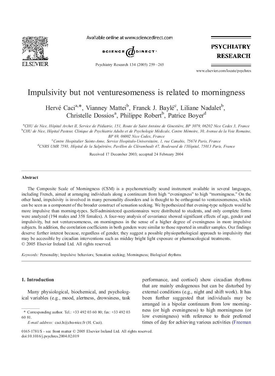 Impulsivity but not venturesomeness is related to morningness