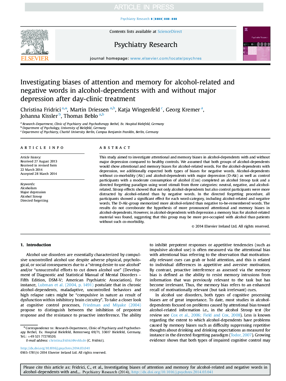 Investigating biases of attention and memory for alcohol-related and negative words in alcohol-dependents with and without major depression after day-clinic treatment