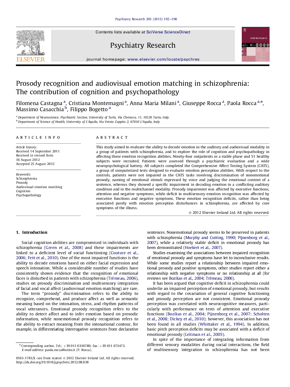 Prosody recognition and audiovisual emotion matching in schizophrenia: The contribution of cognition and psychopathology