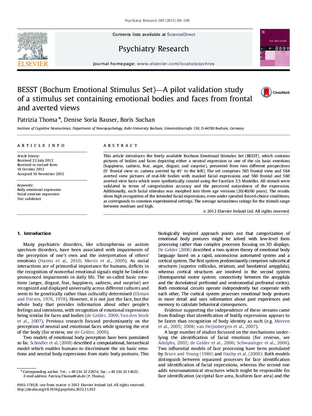 BESST (Bochum Emotional Stimulus Set)-A pilot validation study of a stimulus set containing emotional bodies and faces from frontal and averted views