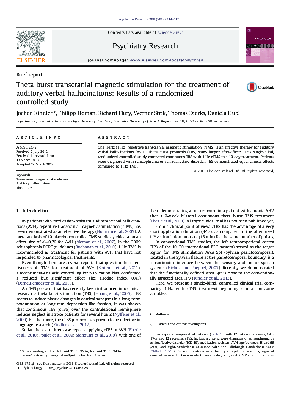 Theta burst transcranial magnetic stimulation for the treatment of auditory verbal hallucinations: Results of a randomized controlled study