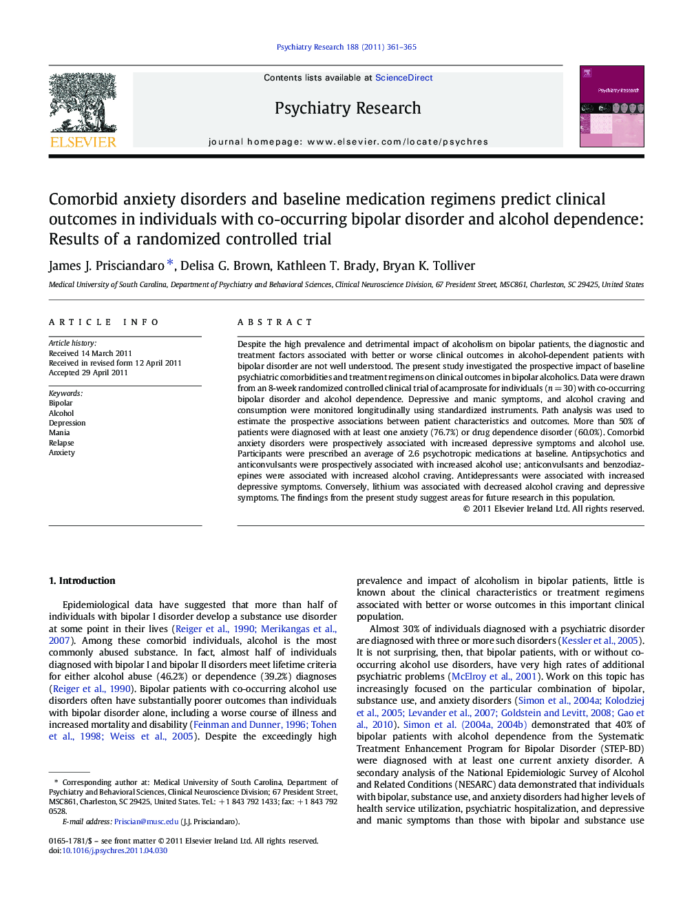 Comorbid anxiety disorders and baseline medication regimens predict clinical outcomes in individuals with co-occurring bipolar disorder and alcohol dependence: Results of a randomized controlled trial