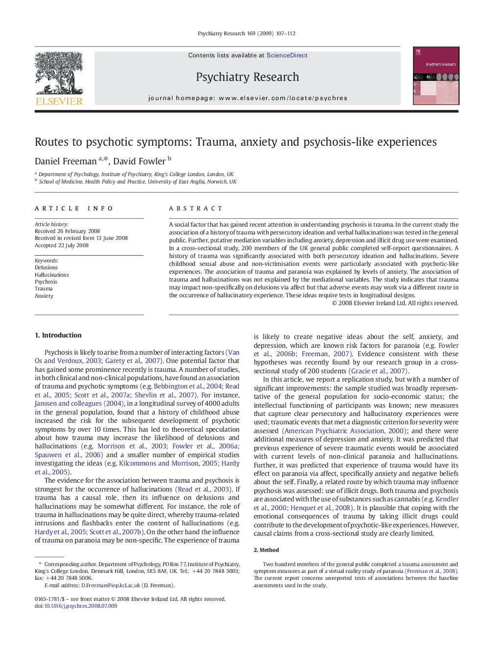 Routes to psychotic symptoms: Trauma, anxiety and psychosis-like experiences