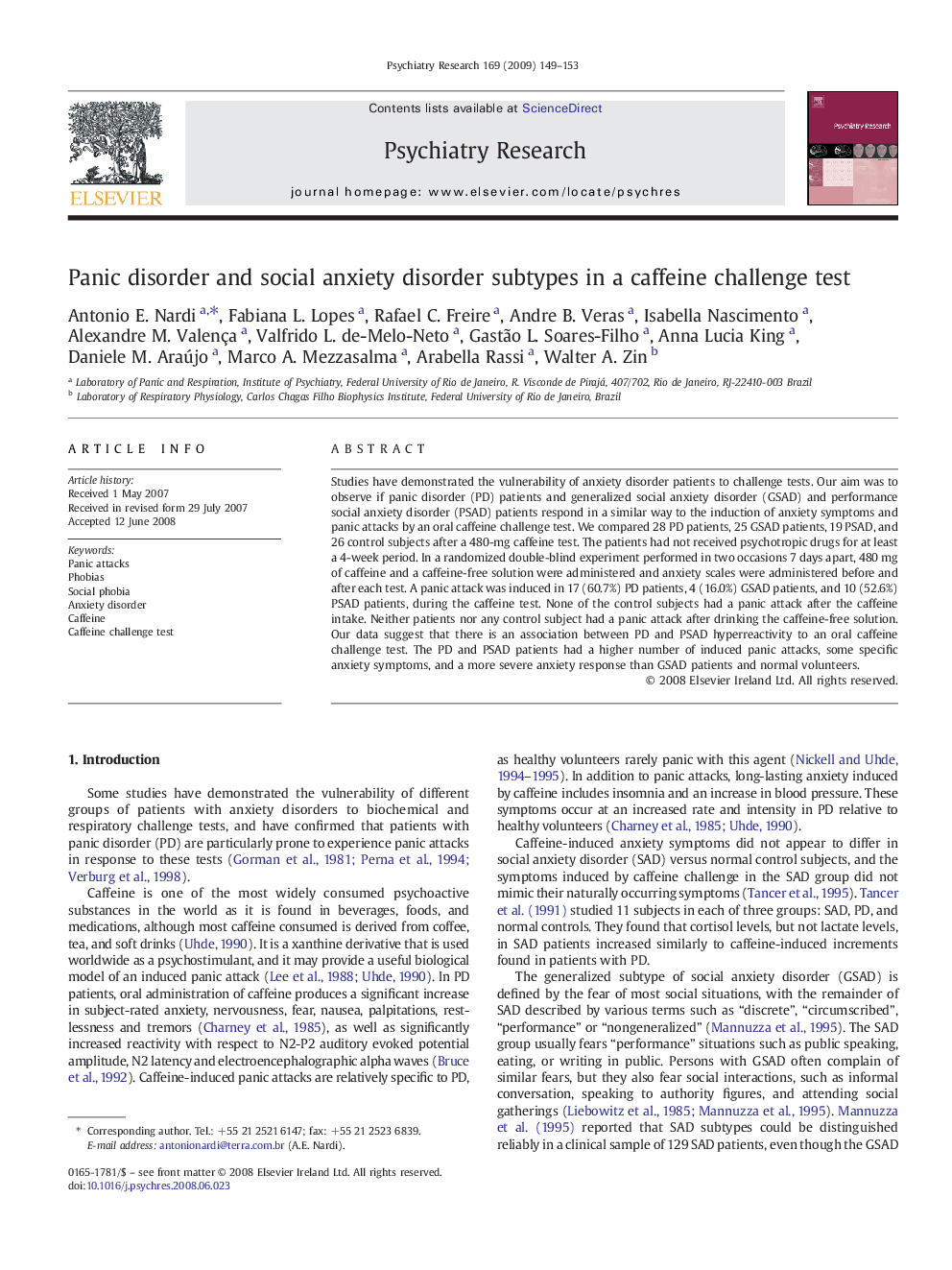 Panic disorder and social anxiety disorder subtypes in a caffeine challenge test