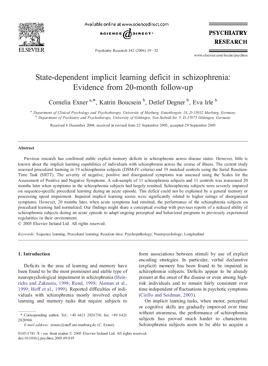 State-dependent implicit learning deficit in schizophrenia: Evidence from 20-month follow-up