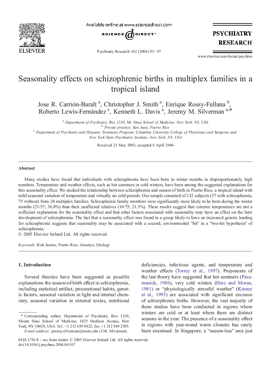 Seasonality effects on schizophrenic births in multiplex families in a tropical island