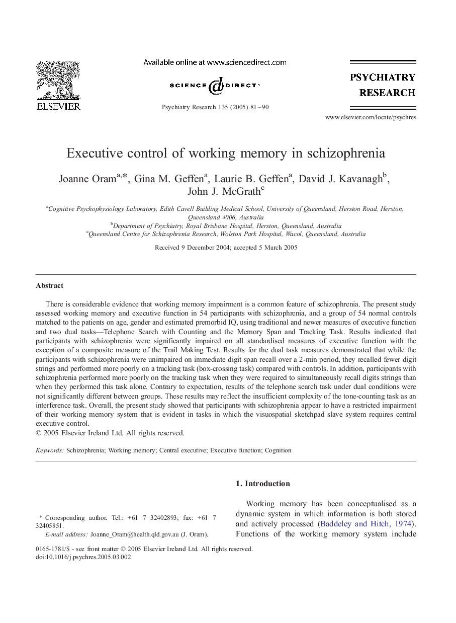 Executive control of working memory in schizophrenia