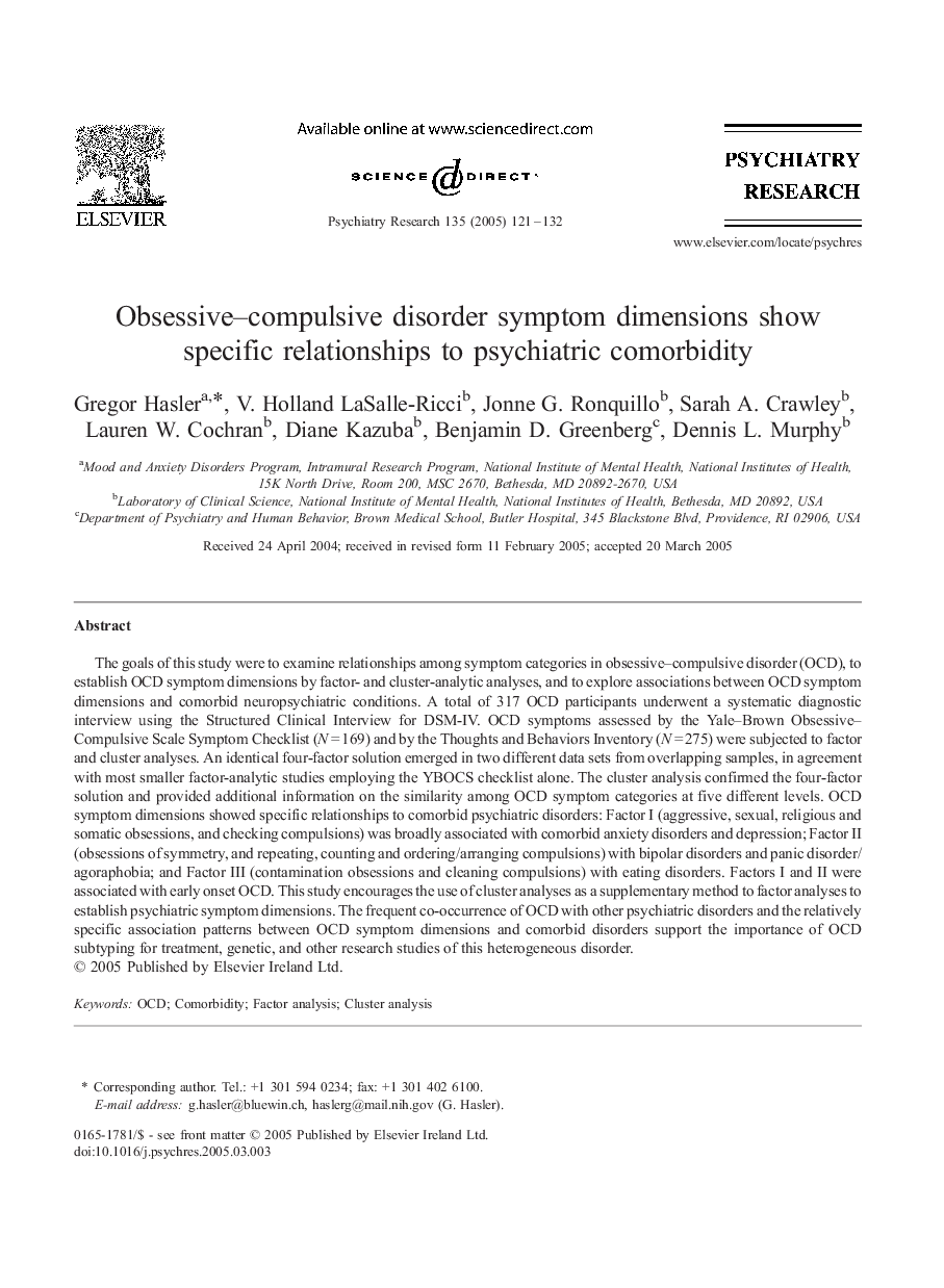 Obsessive-compulsive disorder symptom dimensions show specific relationships to psychiatric comorbidity