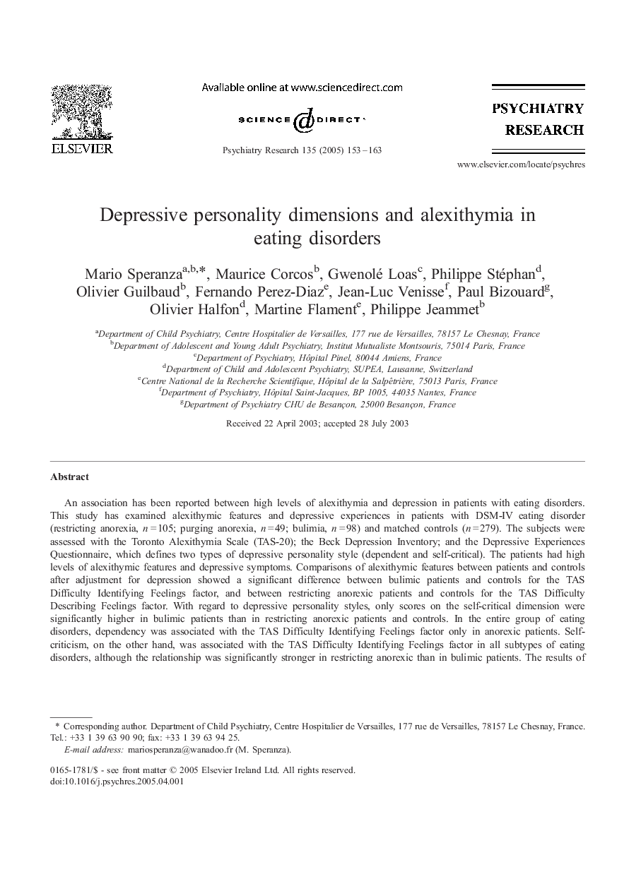 Depressive personality dimensions and alexithymia in eating disorders