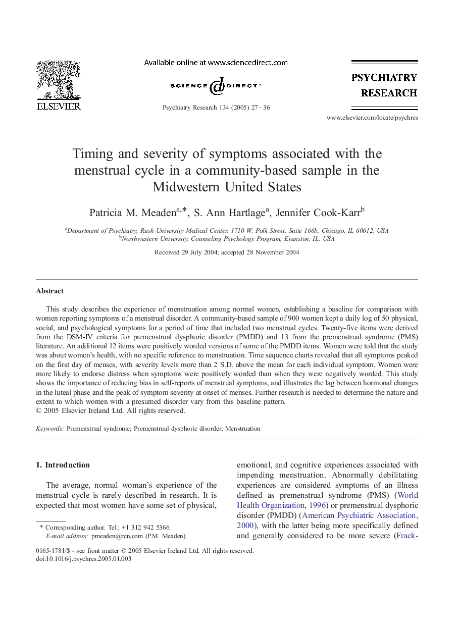 Timing and severity of symptoms associated with the menstrual cycle in a community-based sample in the Midwestern United States