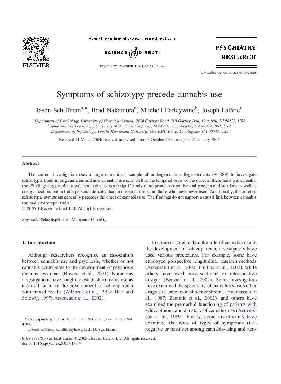 Symptoms of schizotypy precede cannabis use