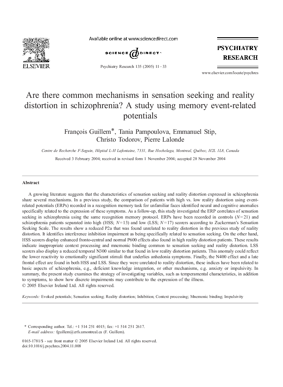 Are there common mechanisms in sensation seeking and reality distortion in schizophrenia? A study using memory event-related potentials