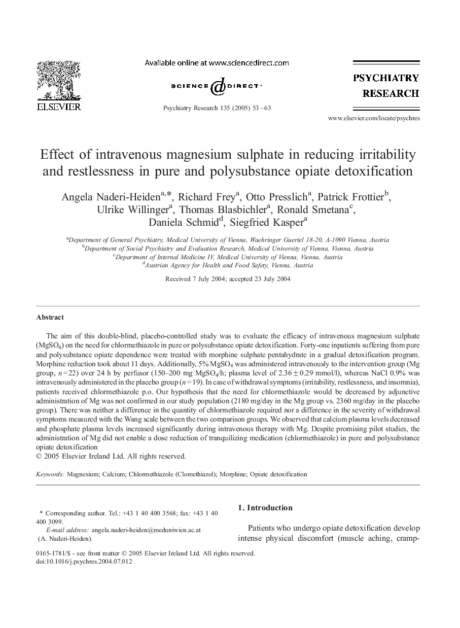 Effect of intravenous magnesium sulphate in reducing irritability and restlessness in pure and polysubstance opiate detoxification