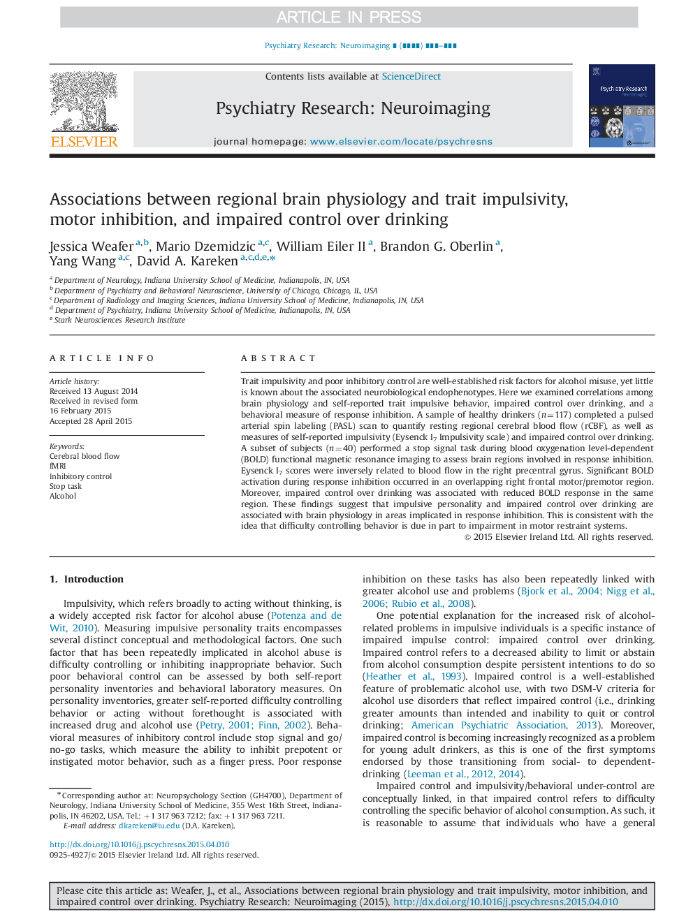 Associations between regional brain physiology and trait impulsivity, motor inhibition, and impaired control over drinking