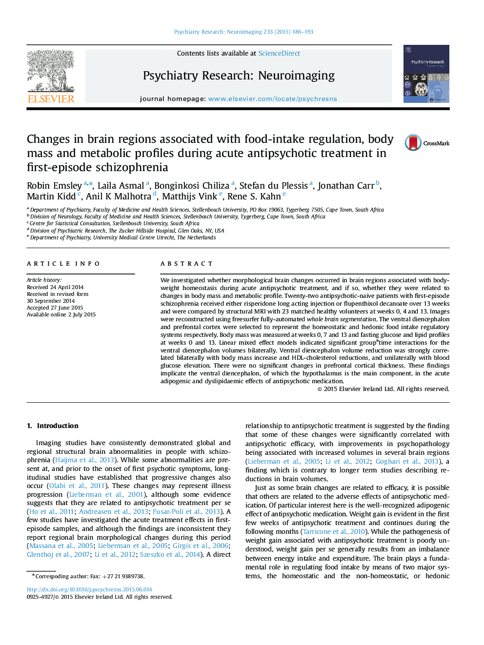 Changes in brain regions associated with food-intake regulation, body mass and metabolic profiles during acute antipsychotic treatment in first-episode schizophrenia