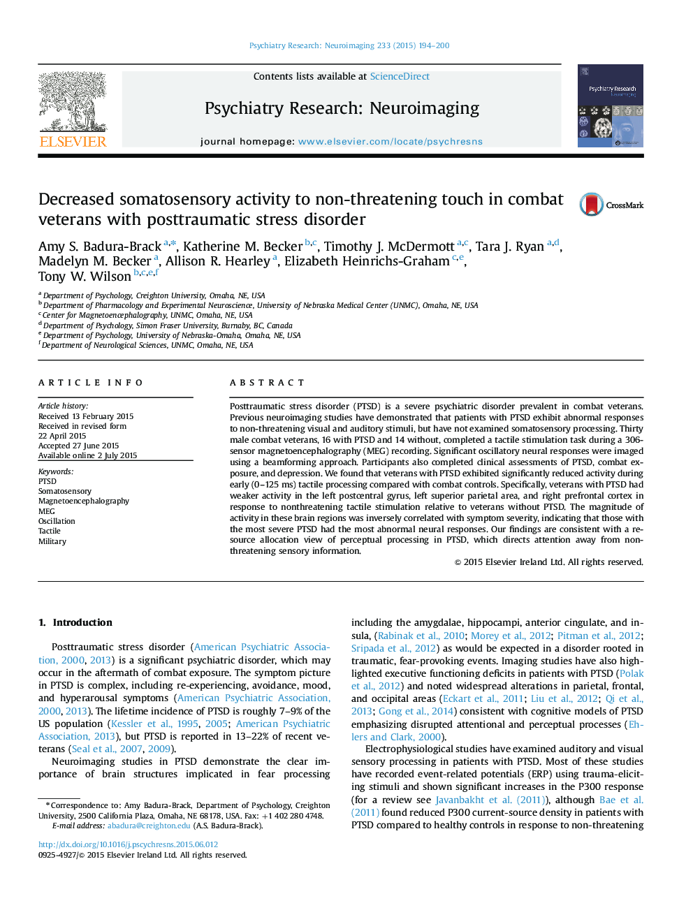 Decreased somatosensory activity to non-threatening touch in combat veterans with posttraumatic stress disorder