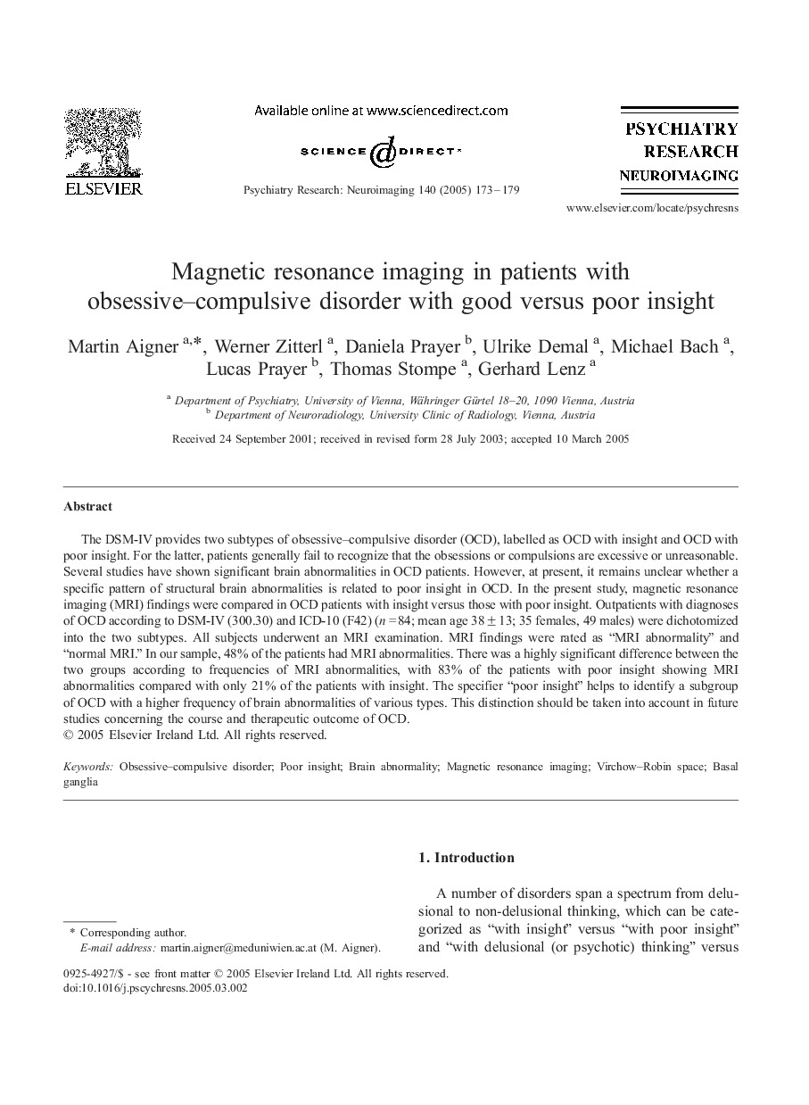 Magnetic resonance imaging in patients with obsessive-compulsive disorder with good versus poor insight