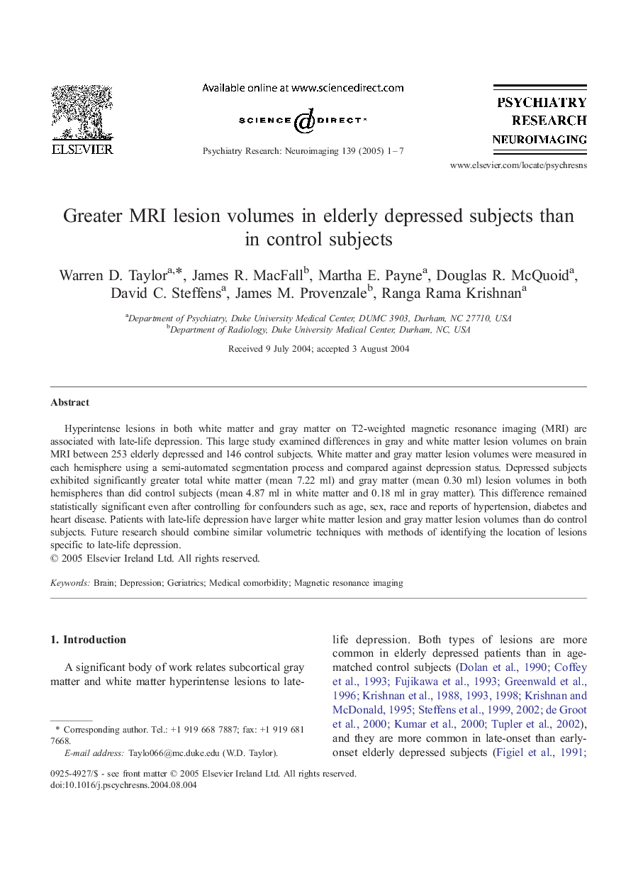 Greater MRI lesion volumes in elderly depressed subjects than in control subjects