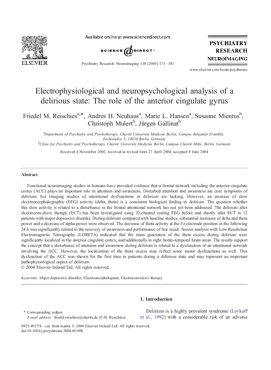 Electrophysiological and neuropsychological analysis of a delirious state: the role of the anterior cingulate gyrus