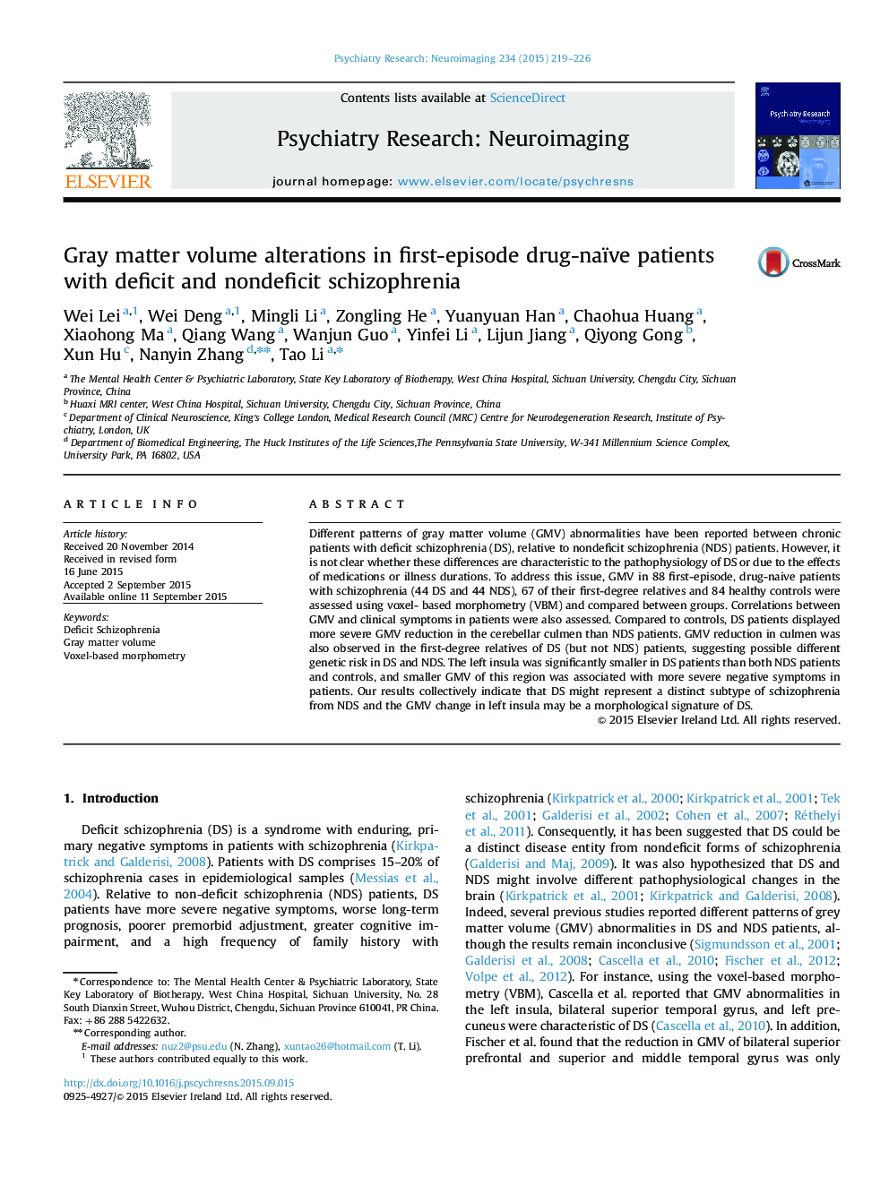 Gray matter volume alterations in first-episode drug-naïve patients with deficit and nondeficit schizophrenia