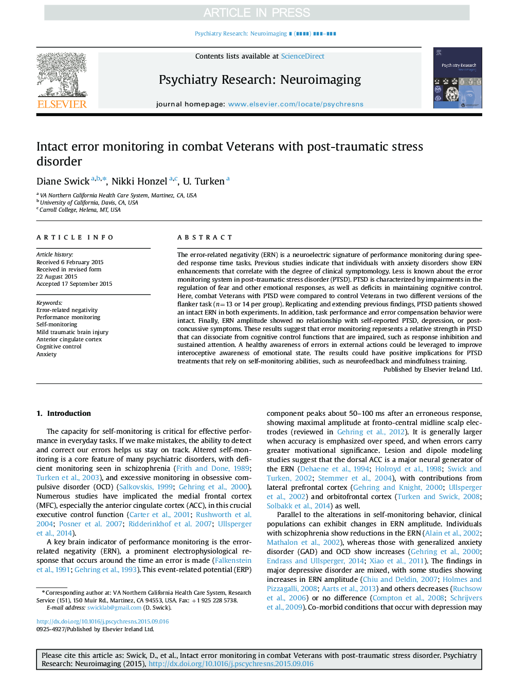 Intact error monitoring in combat Veterans with post-traumatic stress disorder