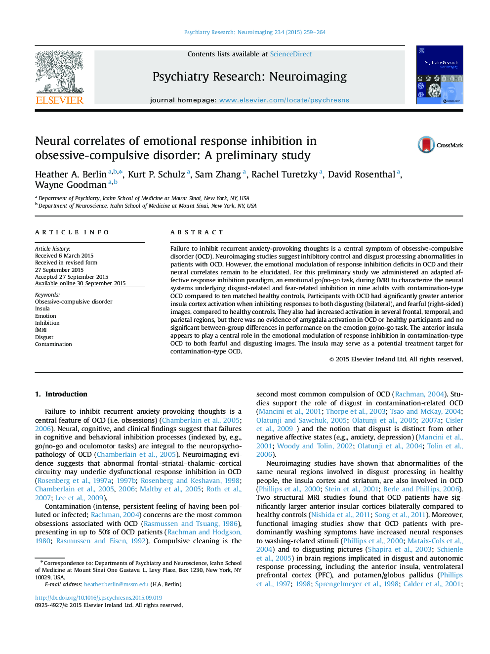 Neural correlates of emotional response inhibition in obsessive-compulsive disorder: A preliminary study