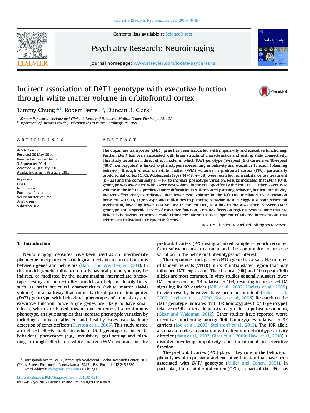 Indirect association of DAT1 genotype with executive function through white matter volume in orbitofrontal cortex