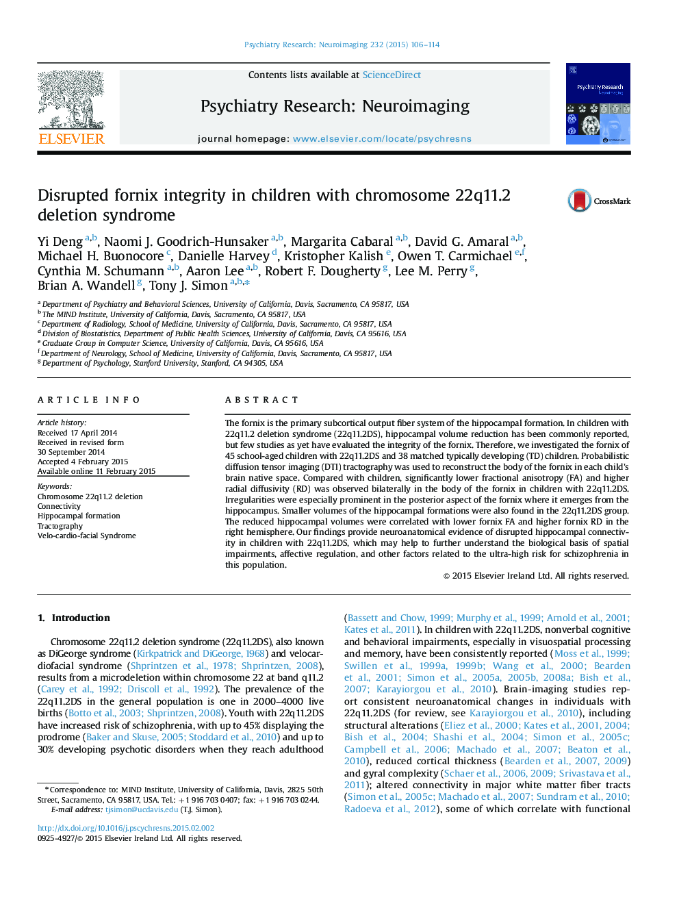 Disrupted fornix integrity in children with chromosome 22q11.2 deletion syndrome