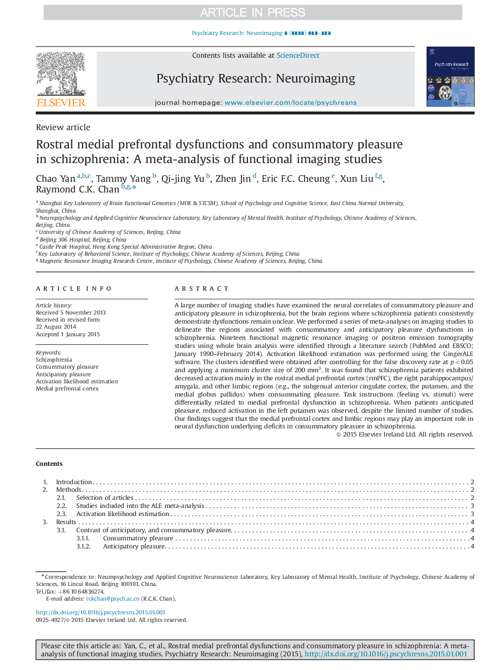 Rostral medial prefrontal dysfunctions and consummatory pleasure in schizophrenia: A meta-analysis of functional imaging studies