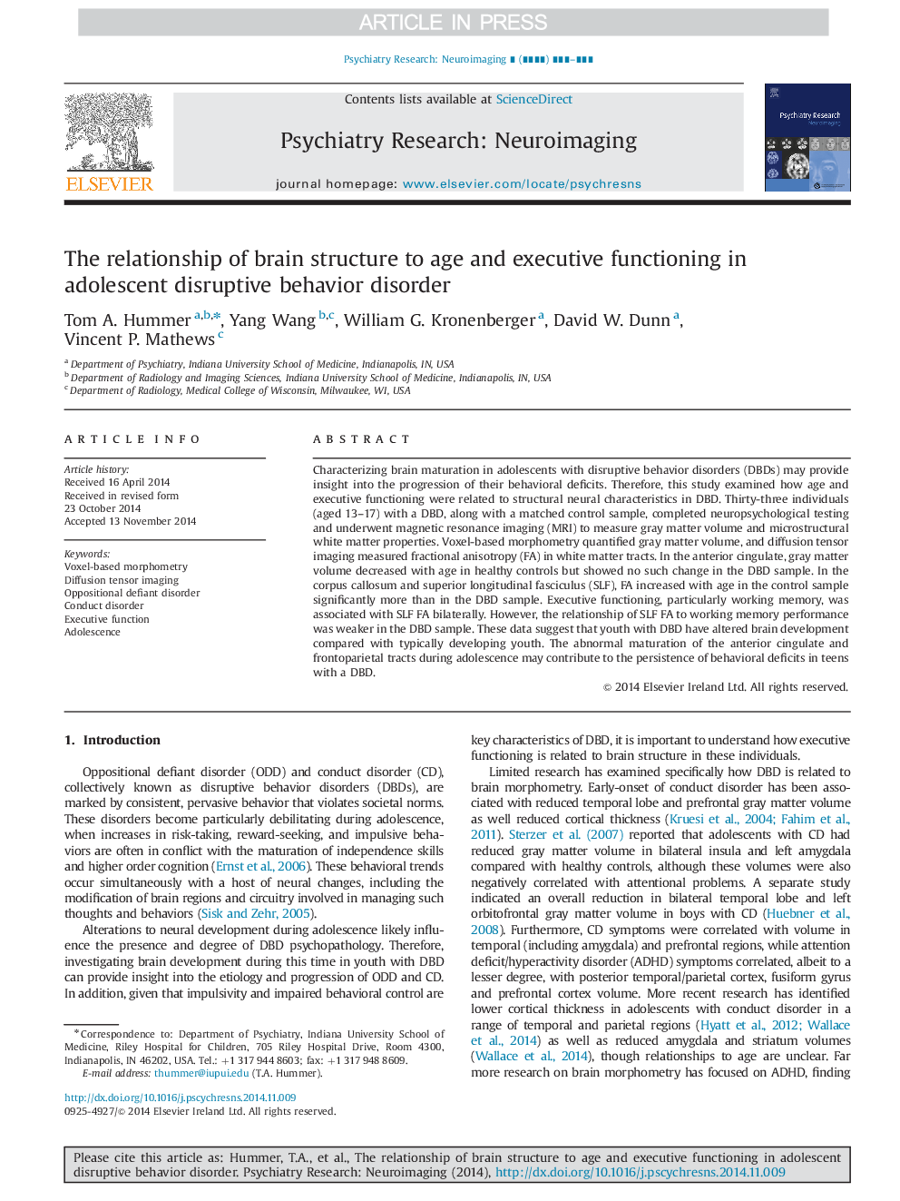 The relationship of brain structure to age and executive functioning in adolescent disruptive behavior disorder