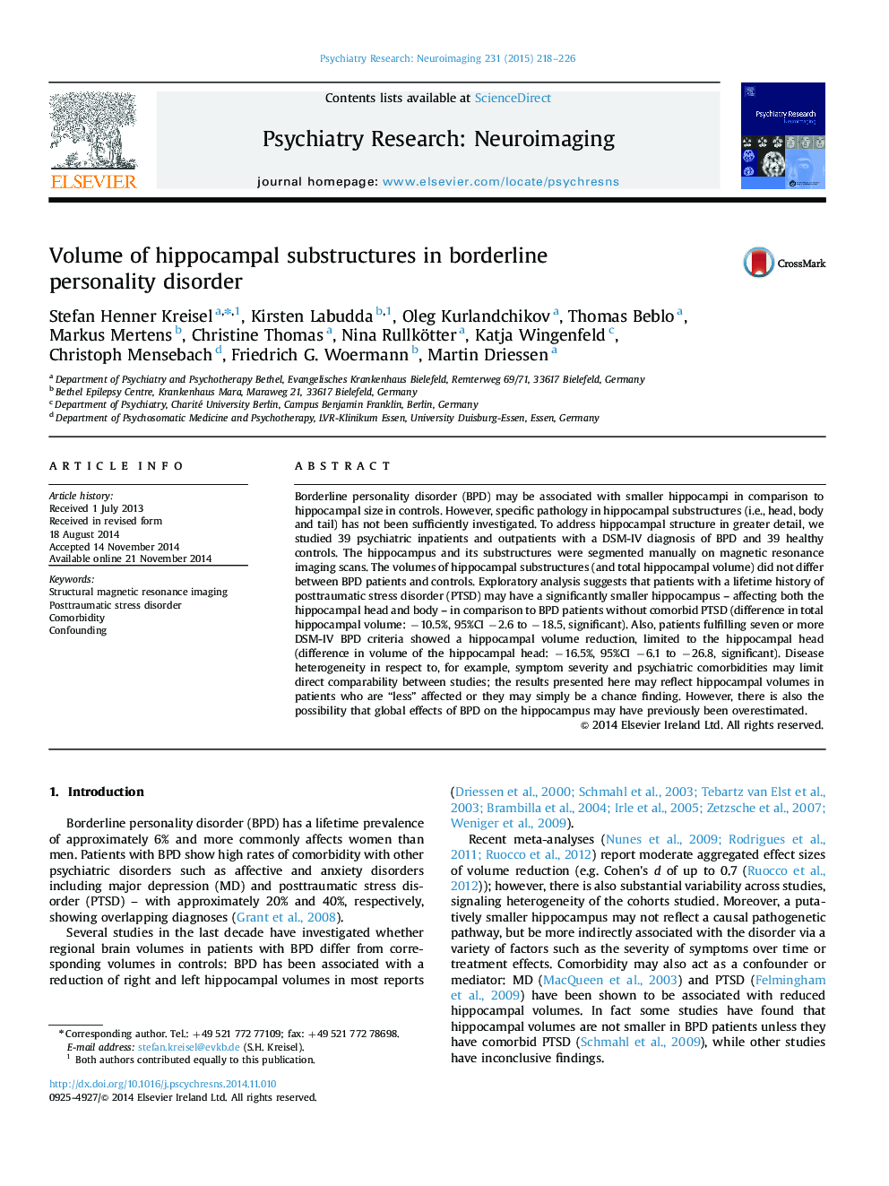 Volume of hippocampal substructures in borderline personality disorder