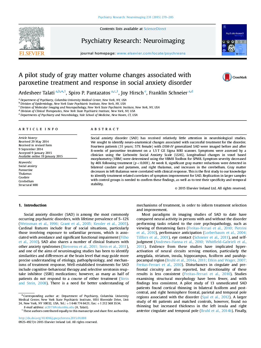 یک مطالعه آزمایشی از تغییرات حجم خاکستری در ارتباط با درمان پاروکستین و پاسخ در اختلال اضطراب اجتماعی 