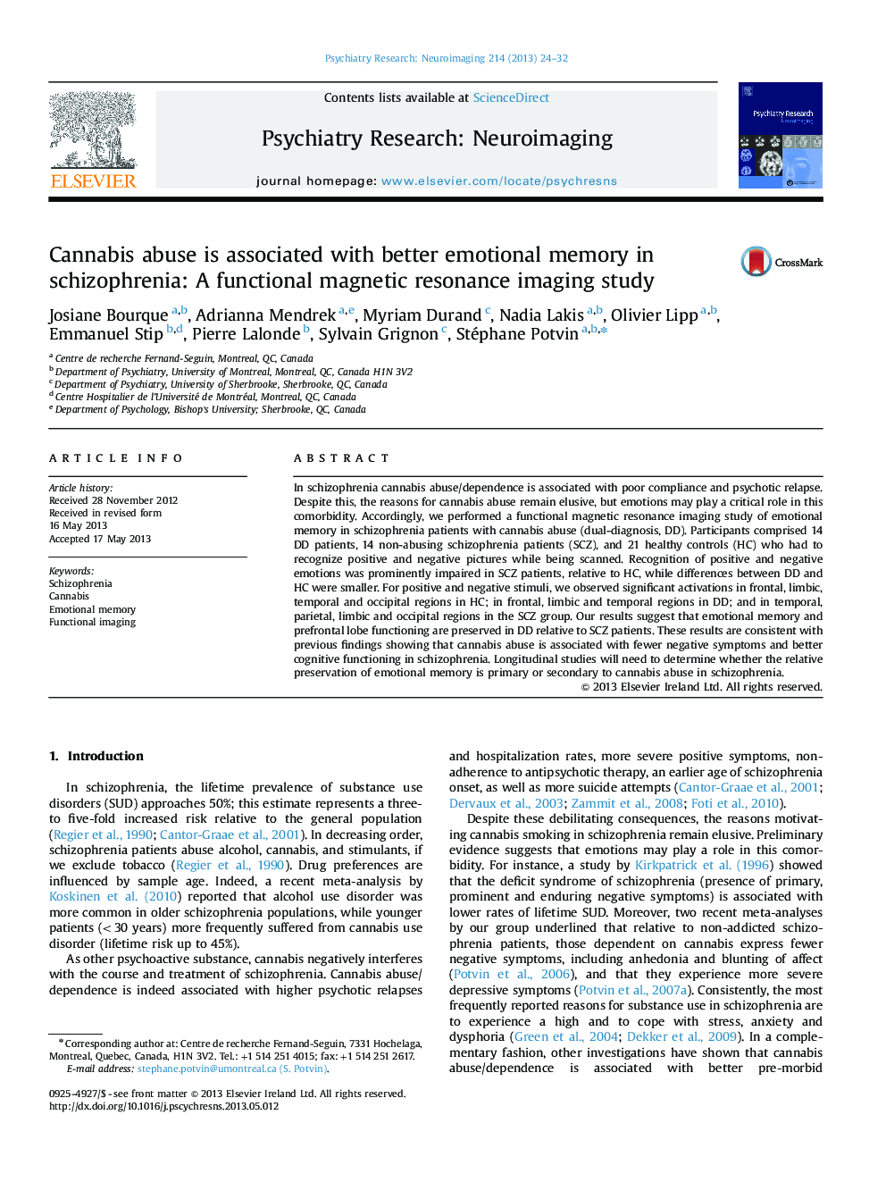 Cannabis abuse is associated with better emotional memory in schizophrenia: A functional magnetic resonance imaging study