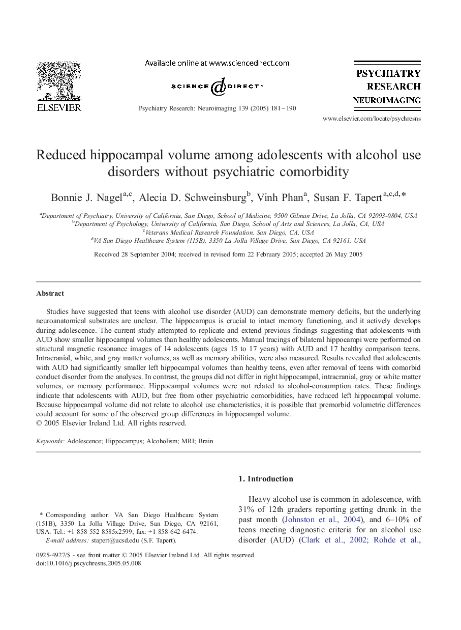 Reduced hippocampal volume among adolescents with alcohol use disorders without psychiatric comorbidity