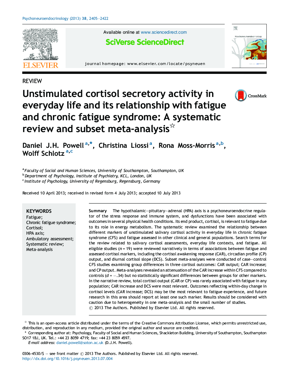 Unstimulated cortisol secretory activity in everyday life and its relationship with fatigue and chronic fatigue syndrome: A systematic review and subset meta-analysis